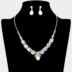 AB teardrop marquise prom necklace set on silver with matching earrings displayed on a black mannequin bust on a white background.
