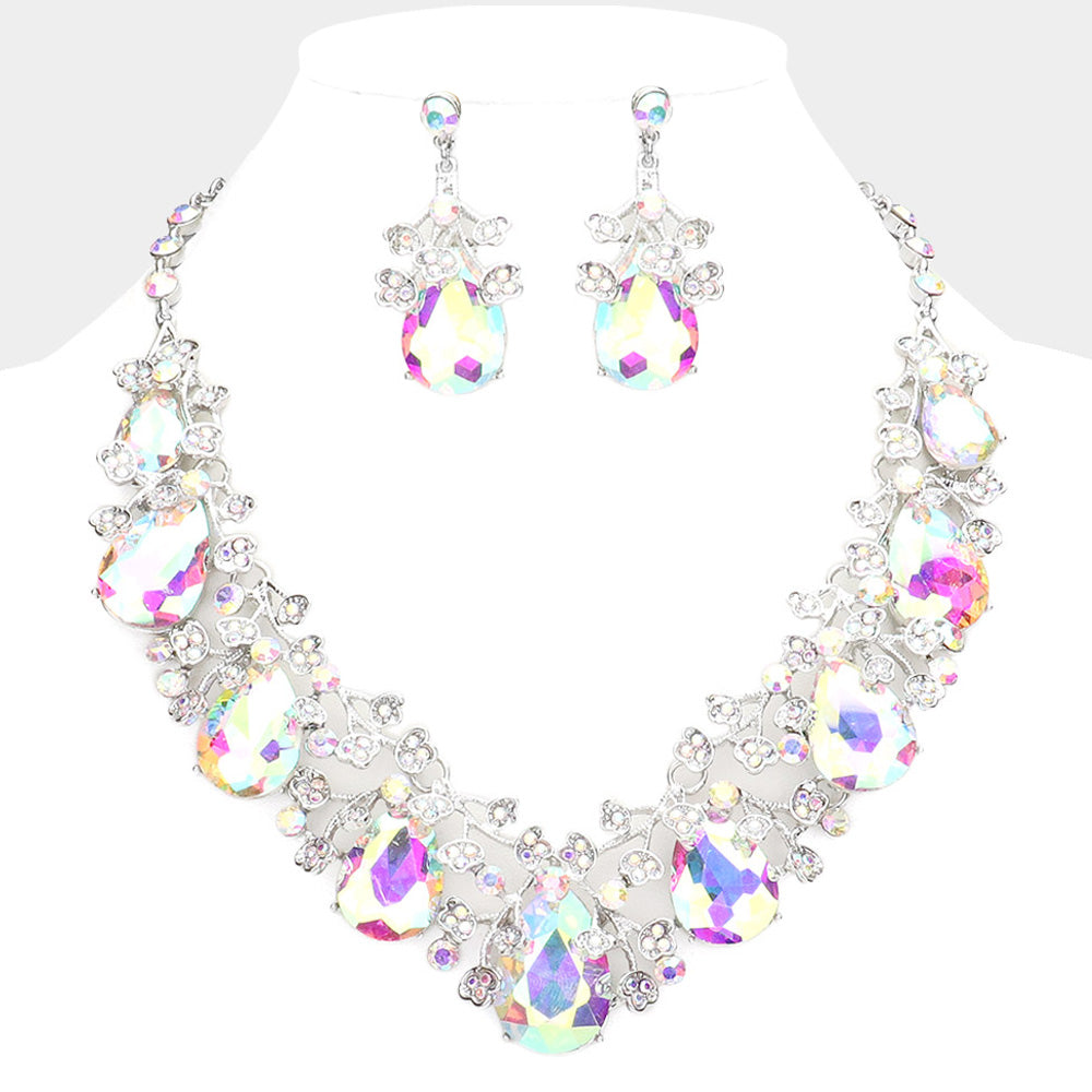AB teardrop rhinestone floral statement necklace set with matching earrings in a silver setting on a white background