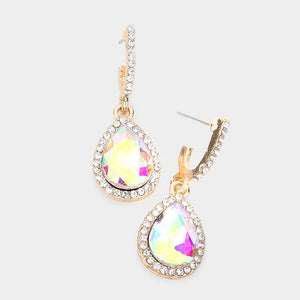 AB teardrop rhinestone trim dangle earrings on gold on white background