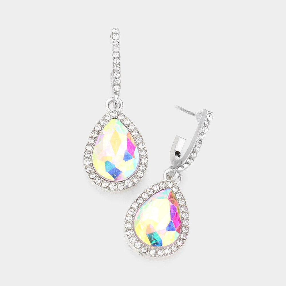 AB teardrop rhinestone trim dangle earrings on silver on a white background