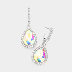 AB teardrop rhinestone trim dangle earrings on silver on a white background