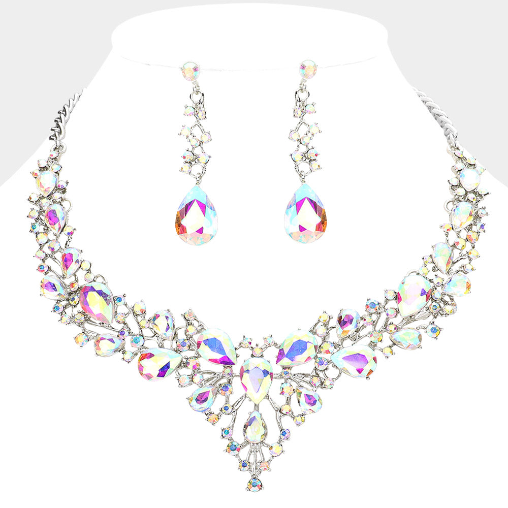 AB teardrop and round stone statement necklace set with matching drop earrings on silver on white background