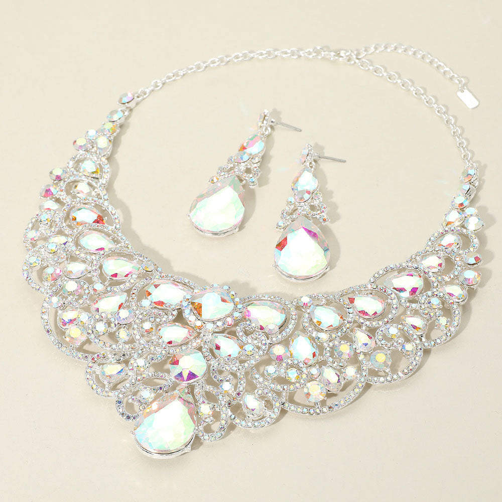 AB teardrop statement collar necklace and earring set on silver for pageant, prom, or evening wear on an ivory background