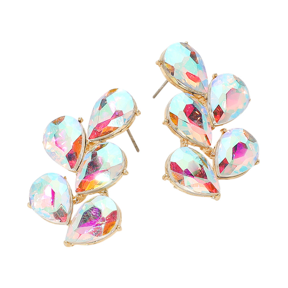 AB Teardrop Stone Cluster Earrings backed in gold on a white background