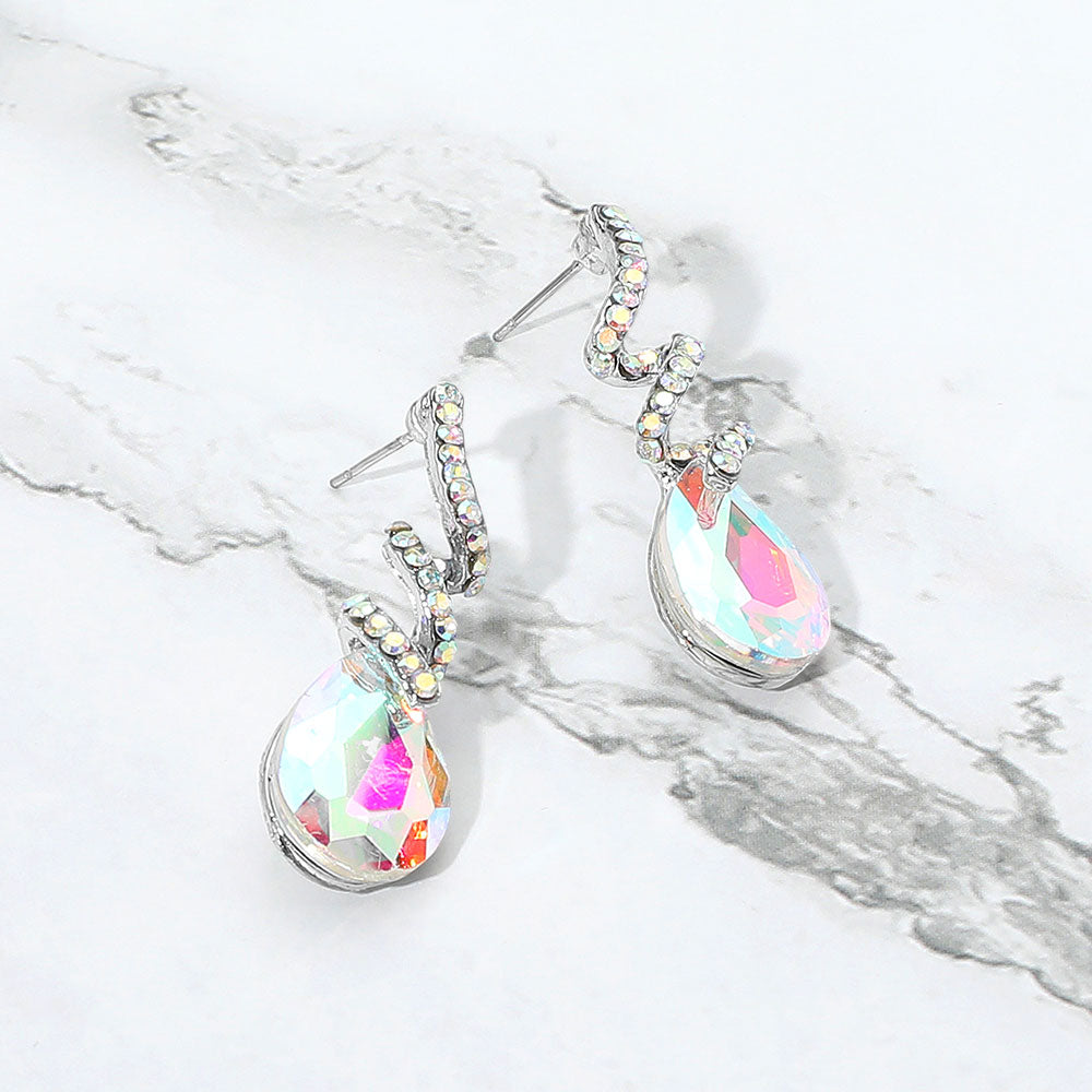 AB on silver teardrop swirl crystal earrings for girls pageant or recital style on a white background