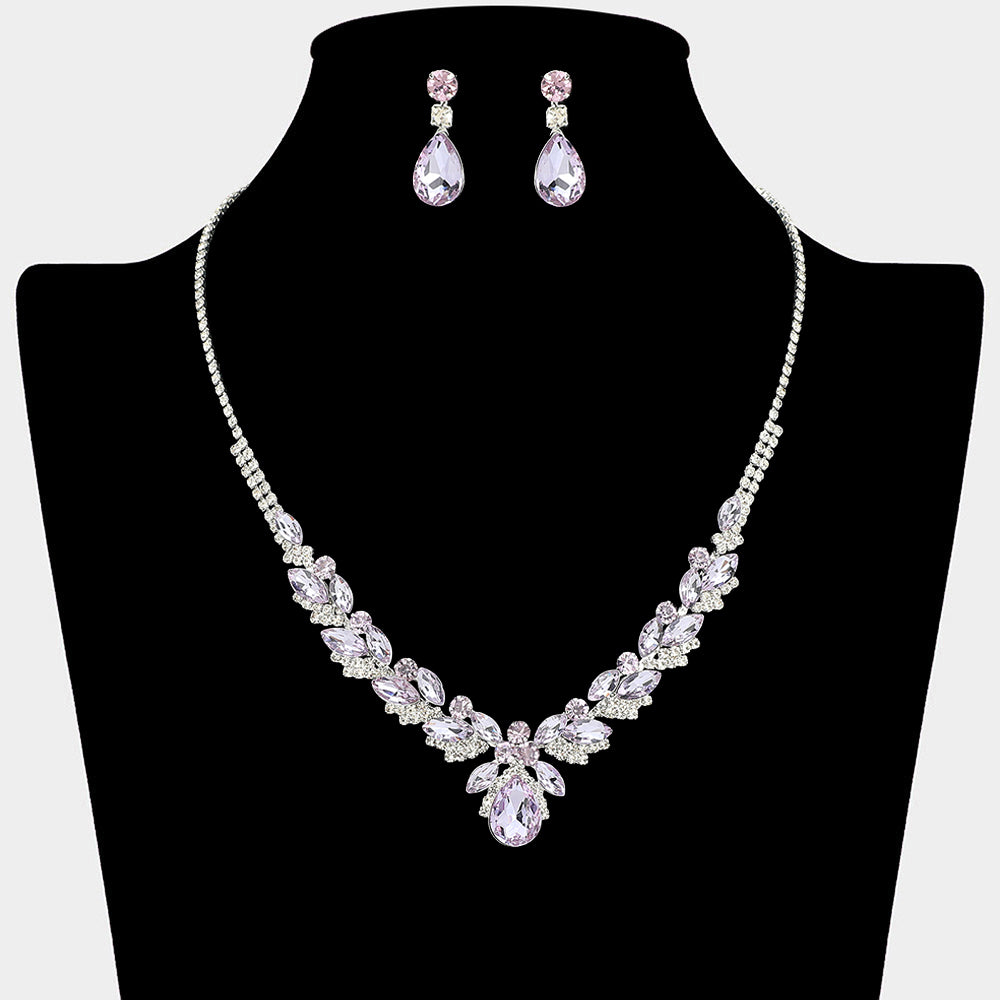 Amethyst teardrop marquise prom necklace set on silver with matching earrings displayed on a black mannequin bust on a white background.
