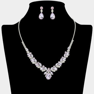 Amethyst teardrop marquise prom necklace set on silver with matching earrings displayed on a black mannequin bust on a white background.