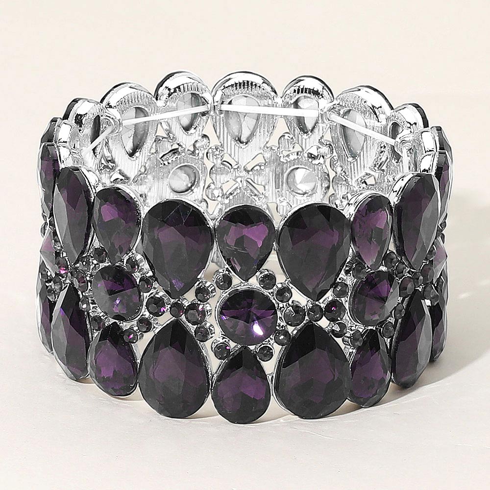 Amethyst Crystal Teardrop Surround Stretch Pageant Bracelet on Silver | Prom Jewelry | 663583