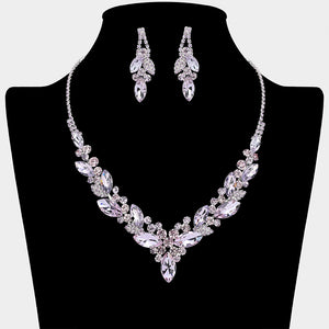 Amethyst and purple marquise crystal cluster necklace set with matching earrings on silver backing for prom and evening wear on a black mannequin bust on a white background