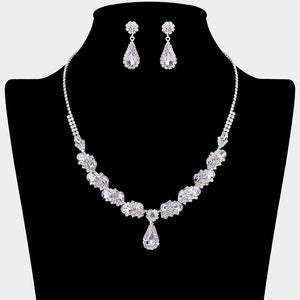 Amethyst marquise pendant necklace set on silver with matching earrings for prom and evening wear on a black mannequin bust on a white background.