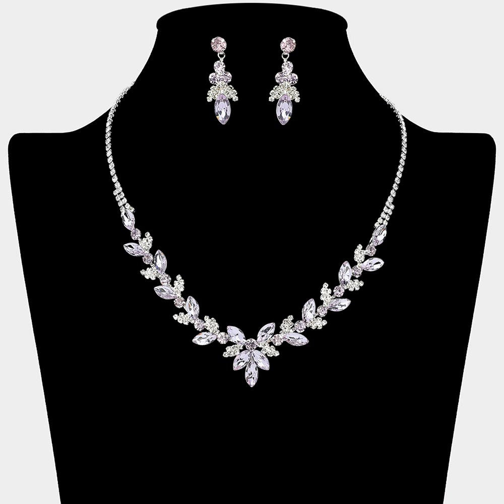 Purple marquise floral rhinestone necklace set on silver displayed on black bust background