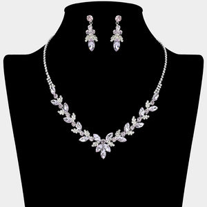 Purple marquise floral rhinestone necklace set on silver displayed on black bust background