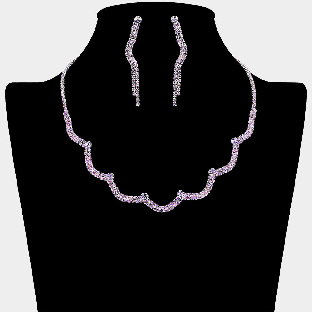 Amethyst purple rhinestone curved necklace set with drop earrings for prom or pageant on a black mannequin bust
