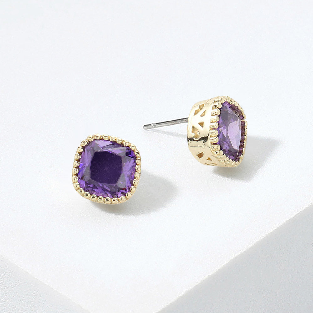 Purple amethyst square crystal stud earrings on gold displayed on a white background.