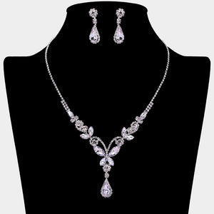 Purple amethyst teardrop butterfly rhinestone necklace set on silver displayed on black bust background