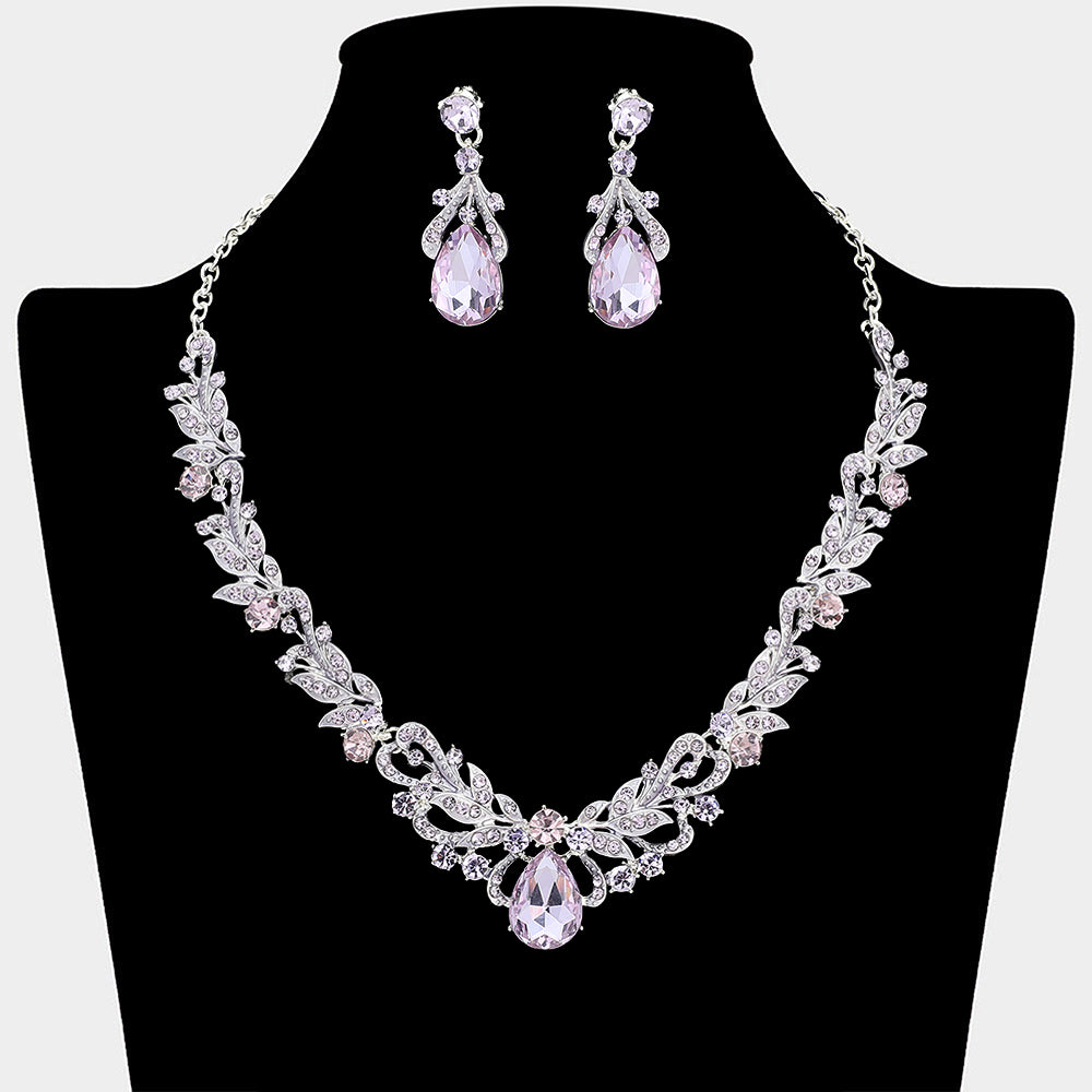 Purple Amethyst teardrop leaf crystal statement necklace set with matching earrings in a silver setting, shown on a black mannequin bust on a white background