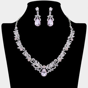 Purple Amethyst teardrop leaf crystal statement necklace set with matching earrings in a silver setting, shown on a black mannequin bust on a white background