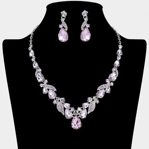 Amethyst purple teardrop leaf prom necklace set on silver with matching earrings displayed on a black mannequin bust on a white background.