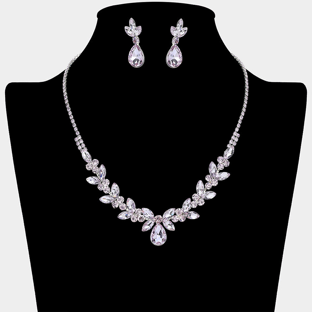Amethyst teardrop marquise leaf prom necklace set on silver with matching earrings displayed on a black mannequin bust on a white background.