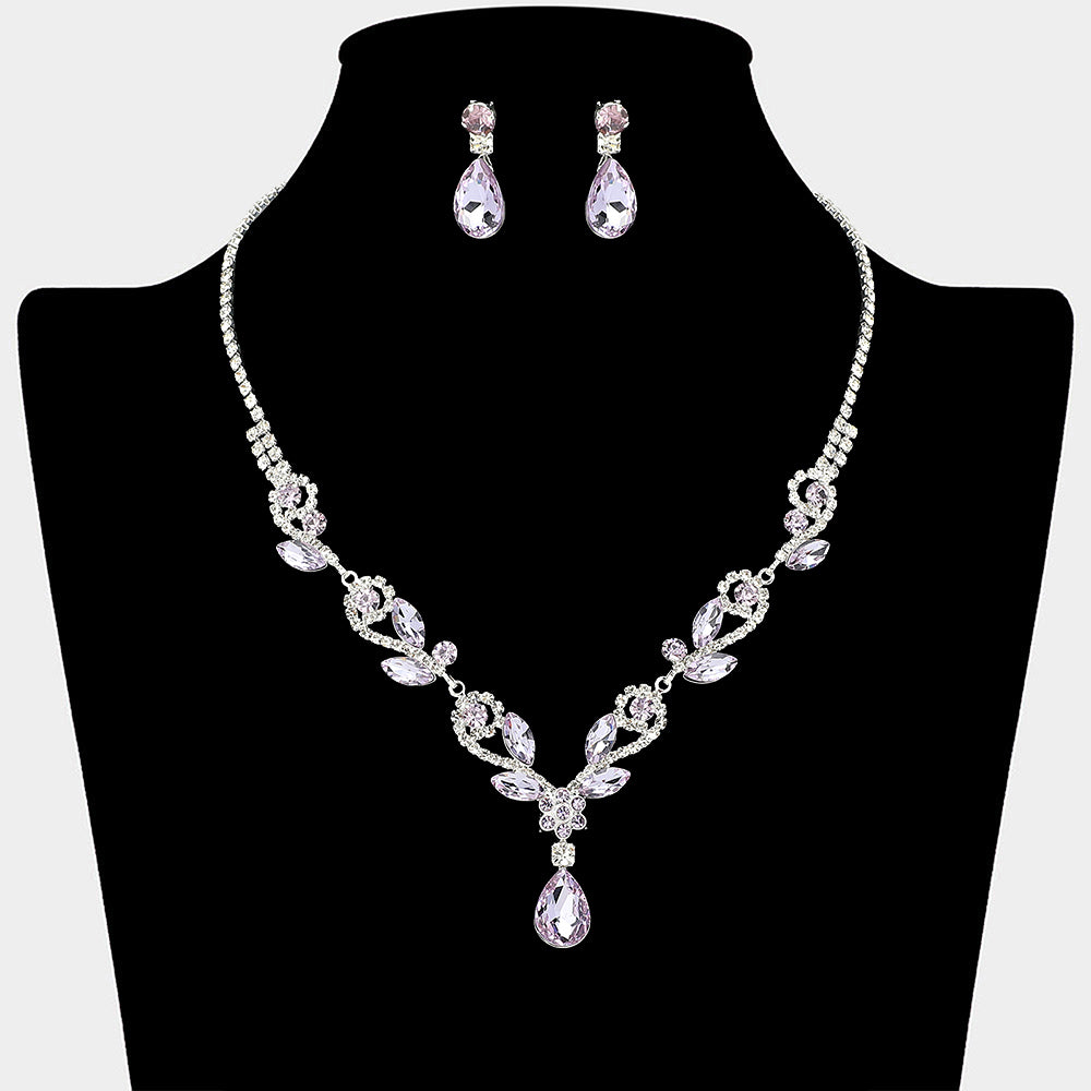 Amethyst teardrop marquise prom necklace set on silver with matching earrings displayed on a black mannequin bust on a white background.