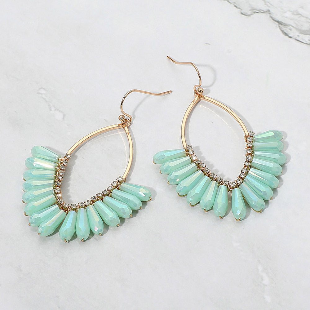 Aqua Faceted Beaded Open Marquise Fan Dangle Earrings