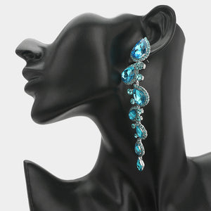 Aqua teal turquoise long teardrop stone cluster drop evening earrings on silver on a black mannequin ear