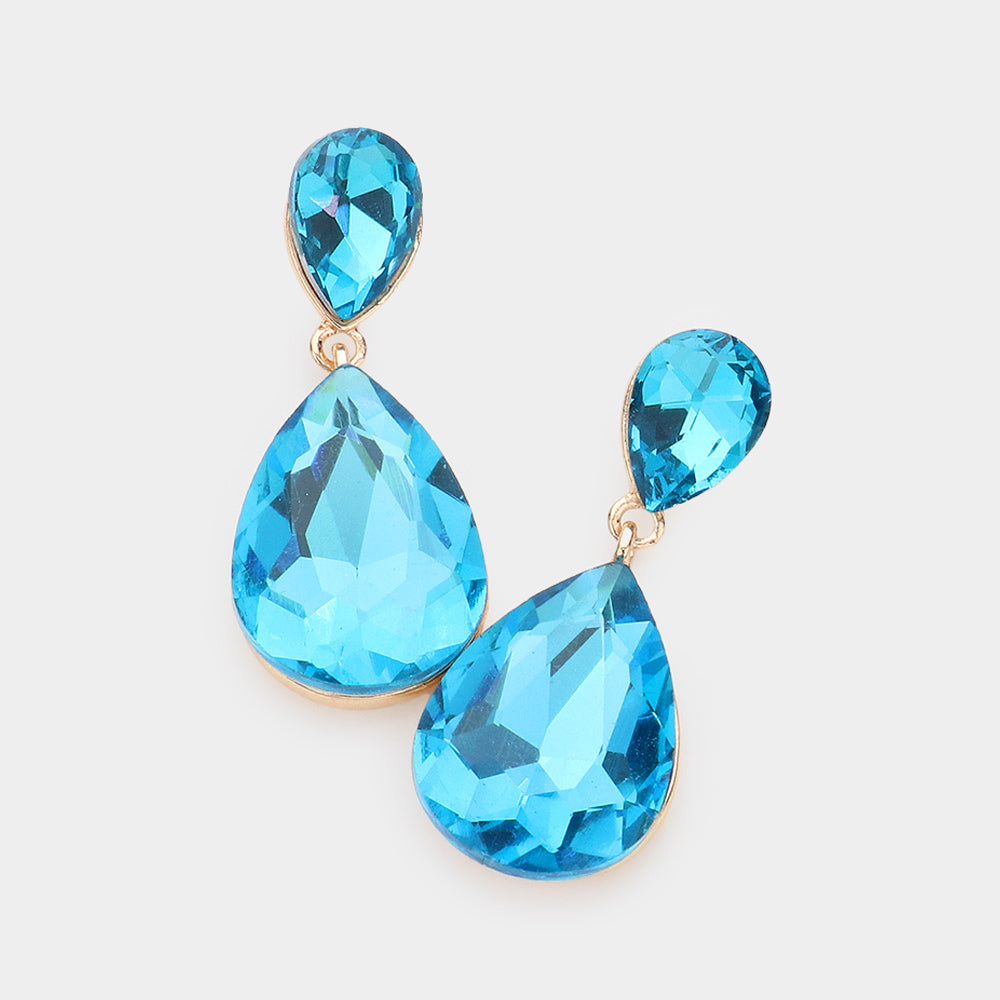 Aqua Crystal Double Teardrop Pageant Earrings on gold for Little Girls on a white background