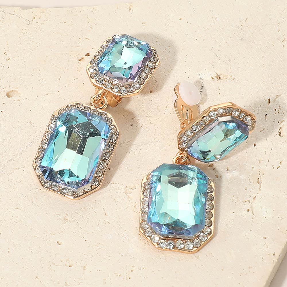 Aqua Double Rectangle Drop Clip On Pageant Earrings | Fuchsia Drop Earrings