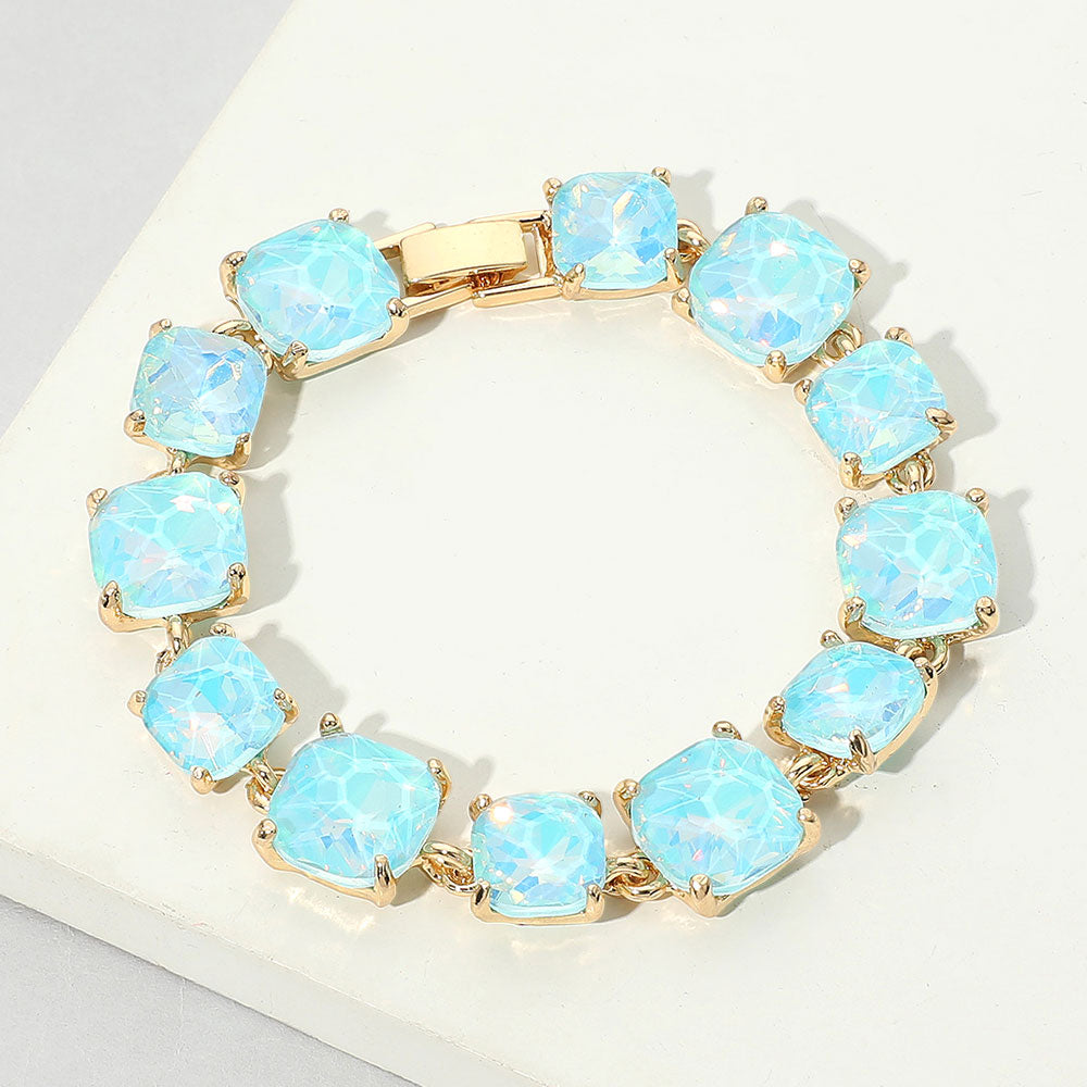 Aqua Opal Cushion Square Stone Link Evening on Gold-Pageant-Prom-Special Occasion