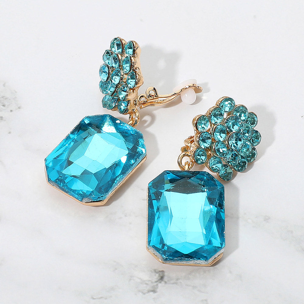 Aqua Rectangle dangle stone and Rhinestone Cluster Clip On Earrings on a white background 2"
