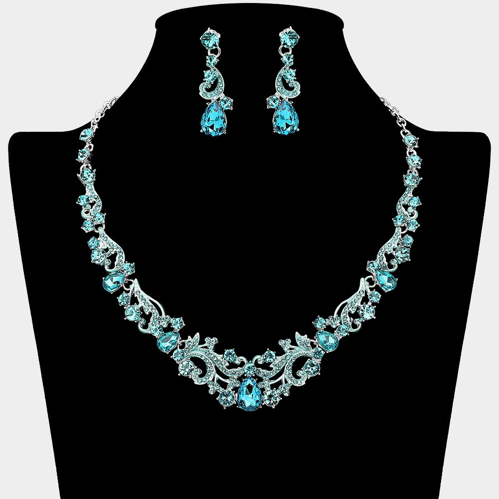Aqua Teardrop Rhinestone Cluster Necklace Set – Crystal Prom Evening Jewelry |  678601
