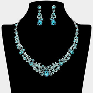 Aqua Teardrop Rhinestone Cluster Necklace Set – Crystal Prom Evening Jewelry |  678601