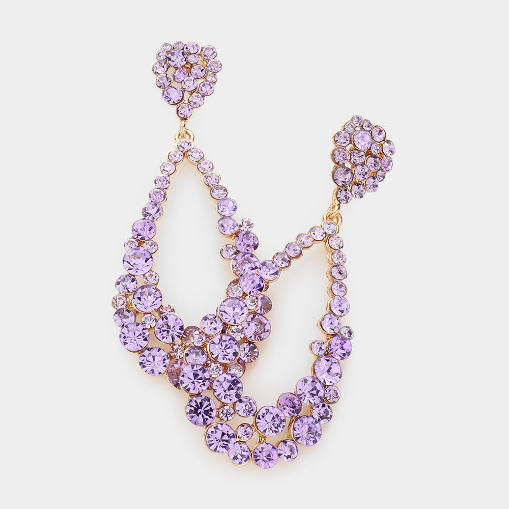 Big Lavender elongated Crystal Pageant Hoop Earrings on gold backing | 3.75"