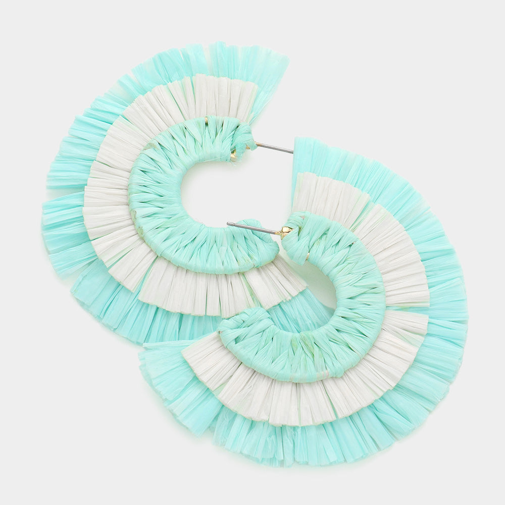 Big half mint and White Raffia Half Round Earrings on a white background 2.6" x 3"