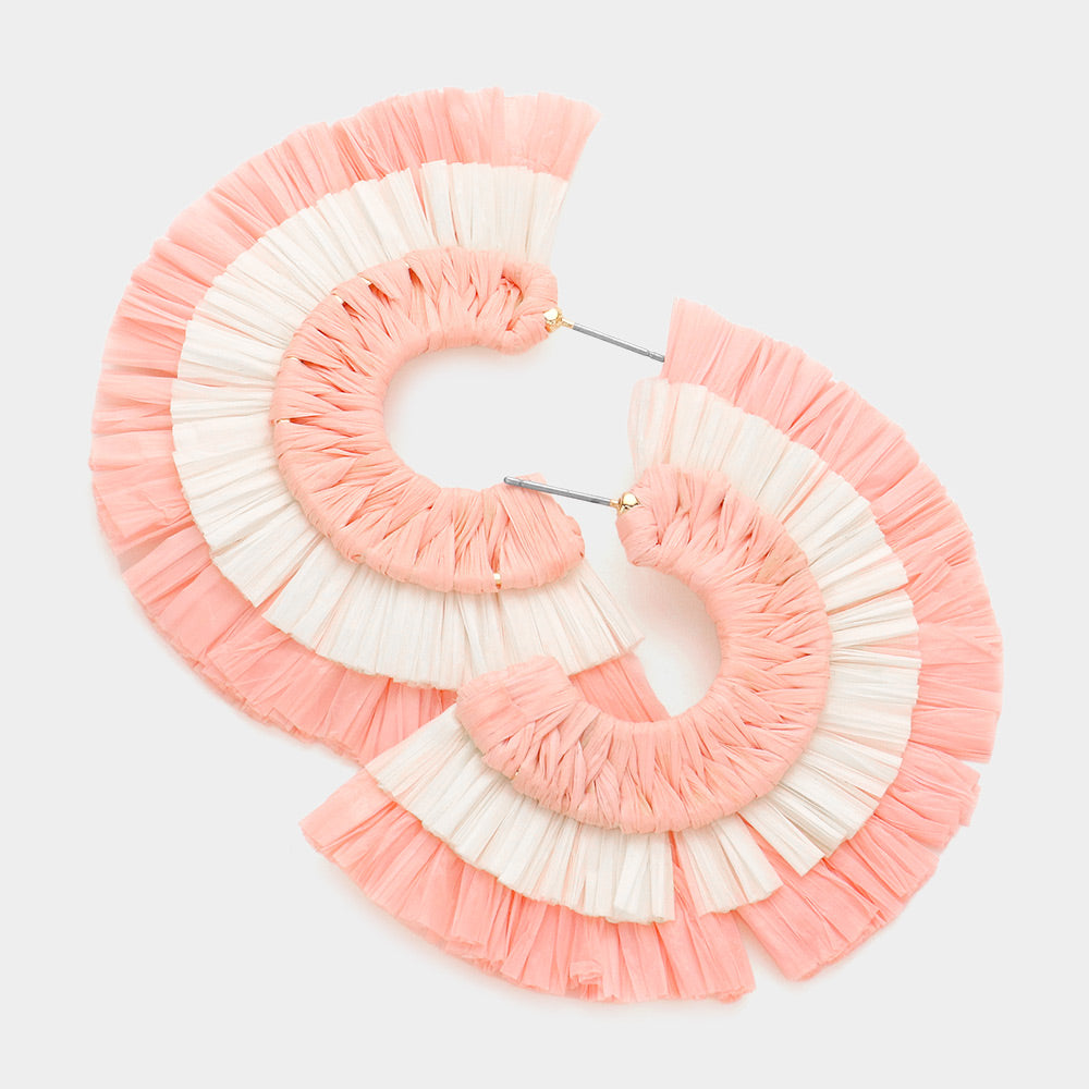 Big Pink and White Raffia Half Round Earrings on a white background 2.6" x 3"