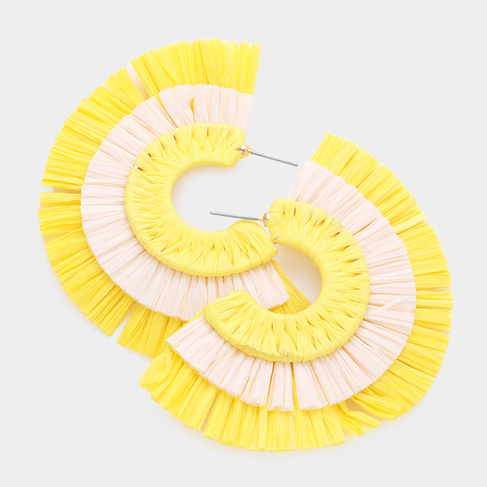 Big Yellow and White Raffia Half Round Earrings on a white background 2.6" x 3"