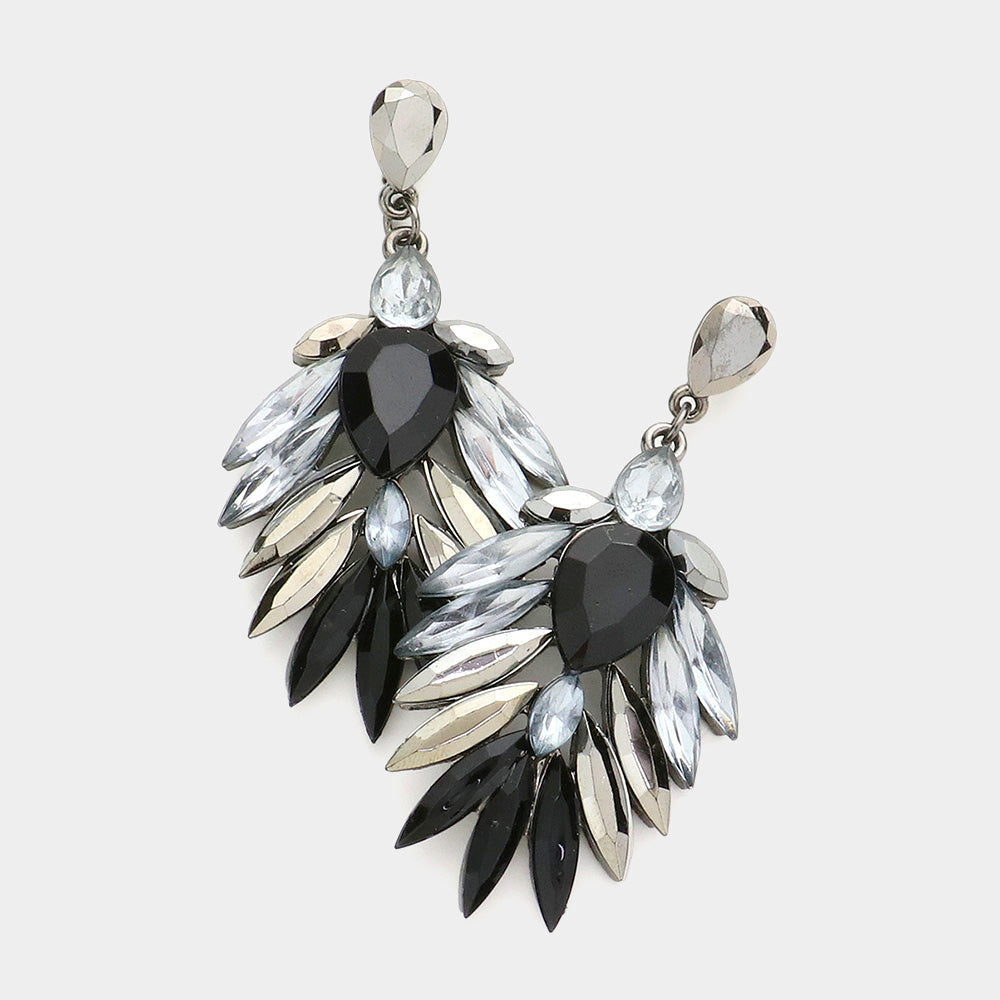 Black, hematite and clear crystal marquise drop earrings on hematite displayed on white background
