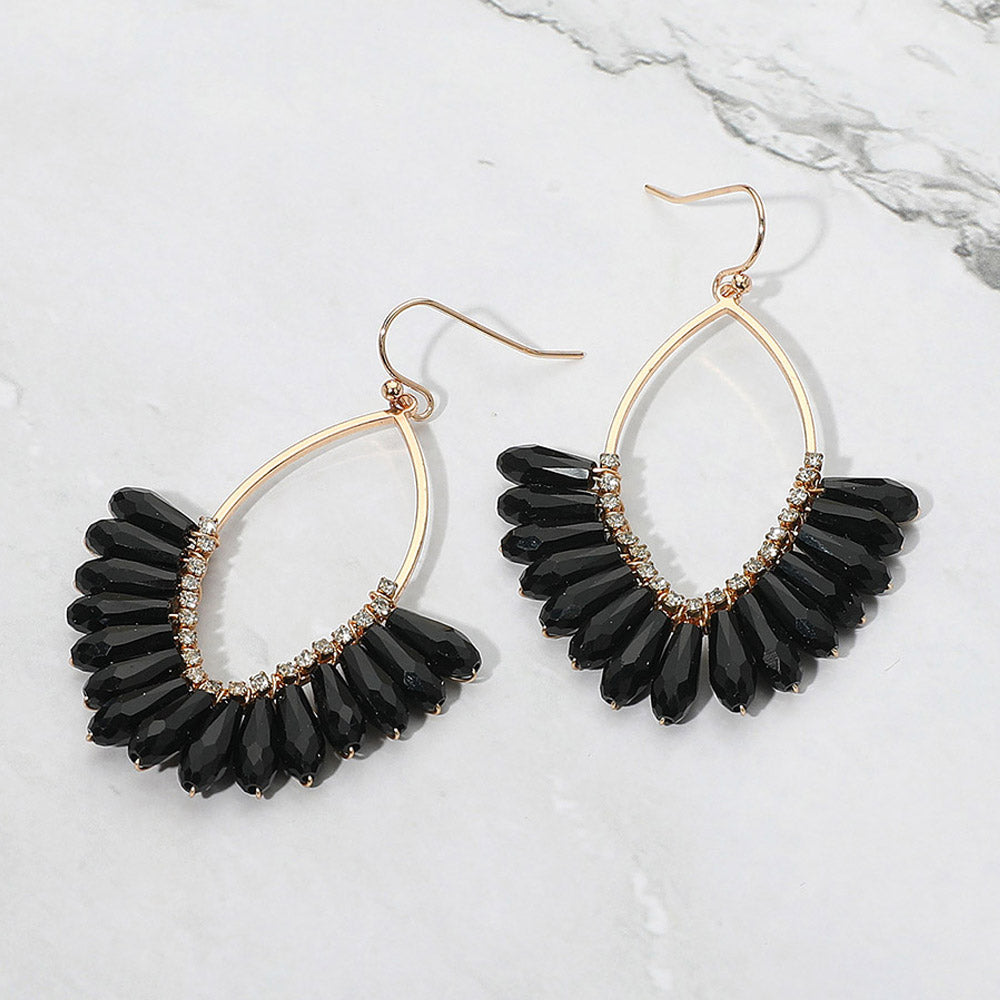 Black Faceted Beaded Open Marquise Fan Dangle Earrings