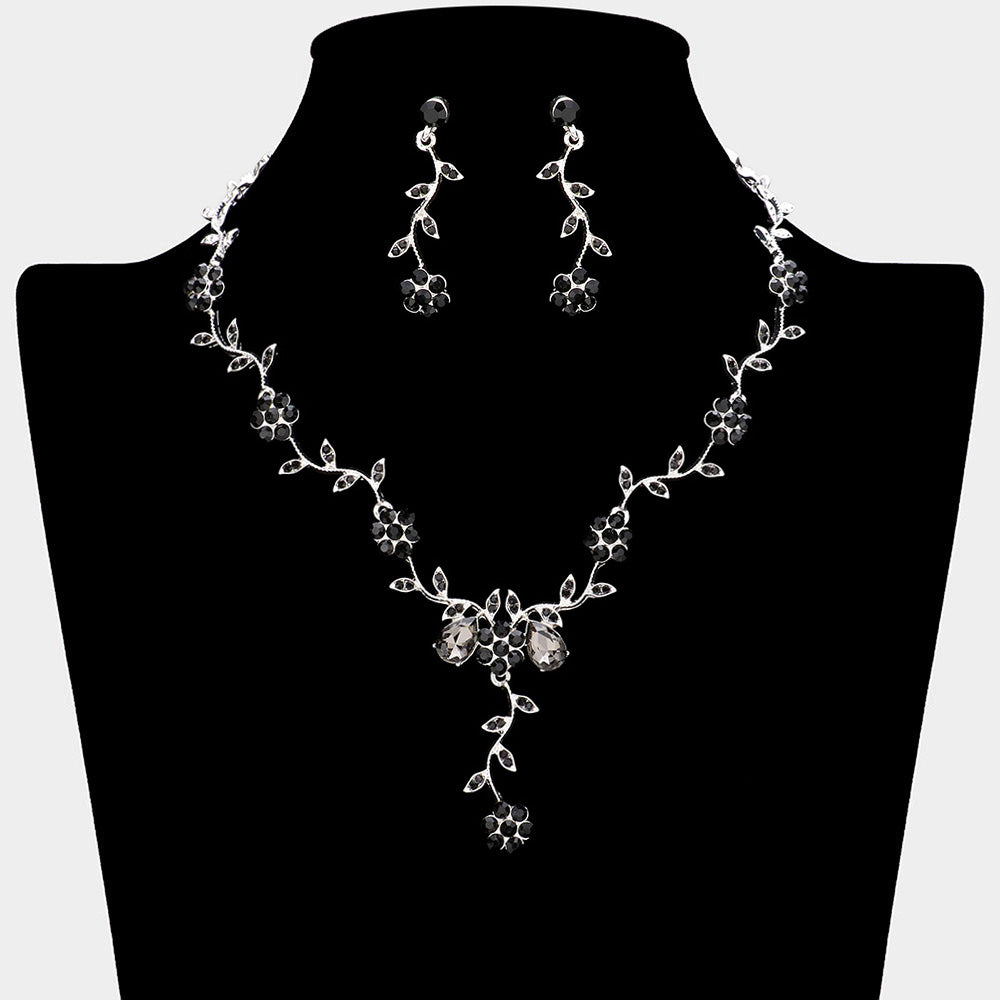 Black Crystal Floral Vine Prom Necklace Set | Evening Necklace Set, silver backed, on a black mannequin bust
