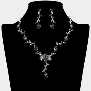 Black Crystal Floral Vine Prom Necklace Set | Evening Necklace Set, silver backed, on a black mannequin bust