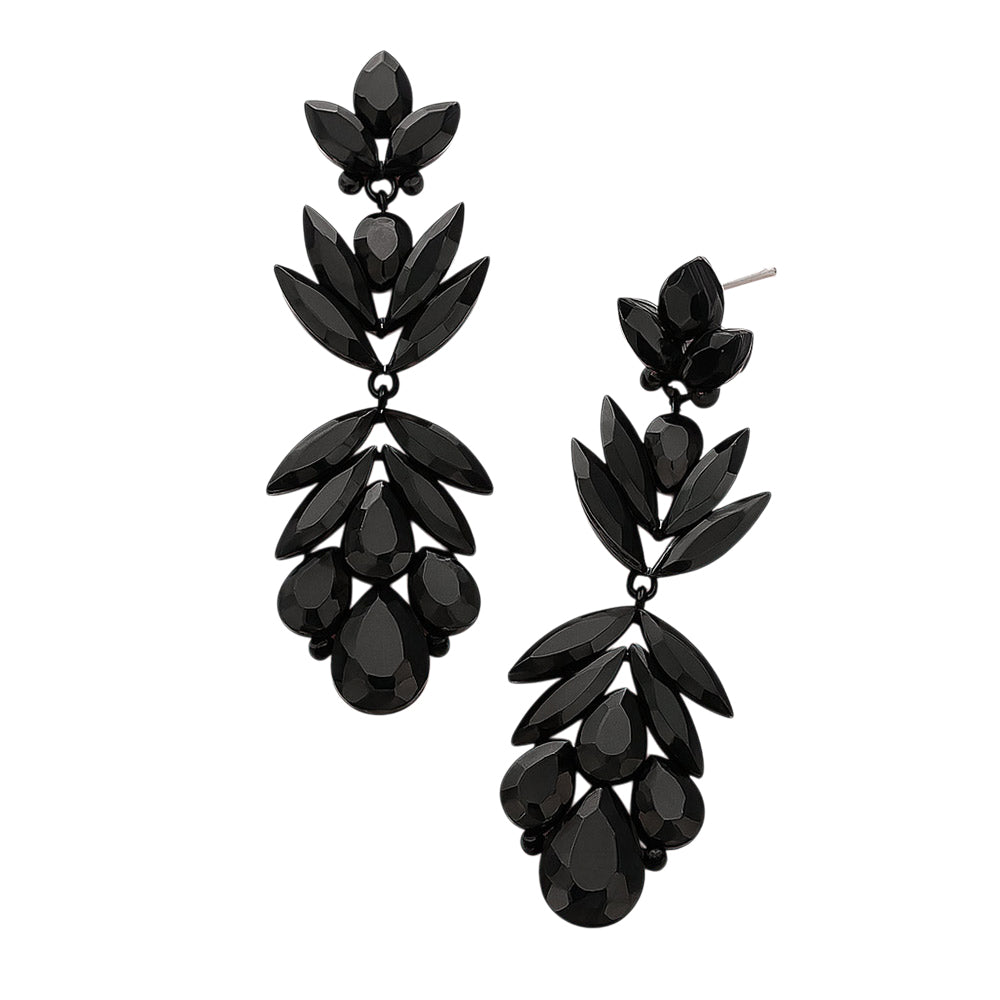 Black Crystal Earrings with Petal Shaped Features gold backed on a white background