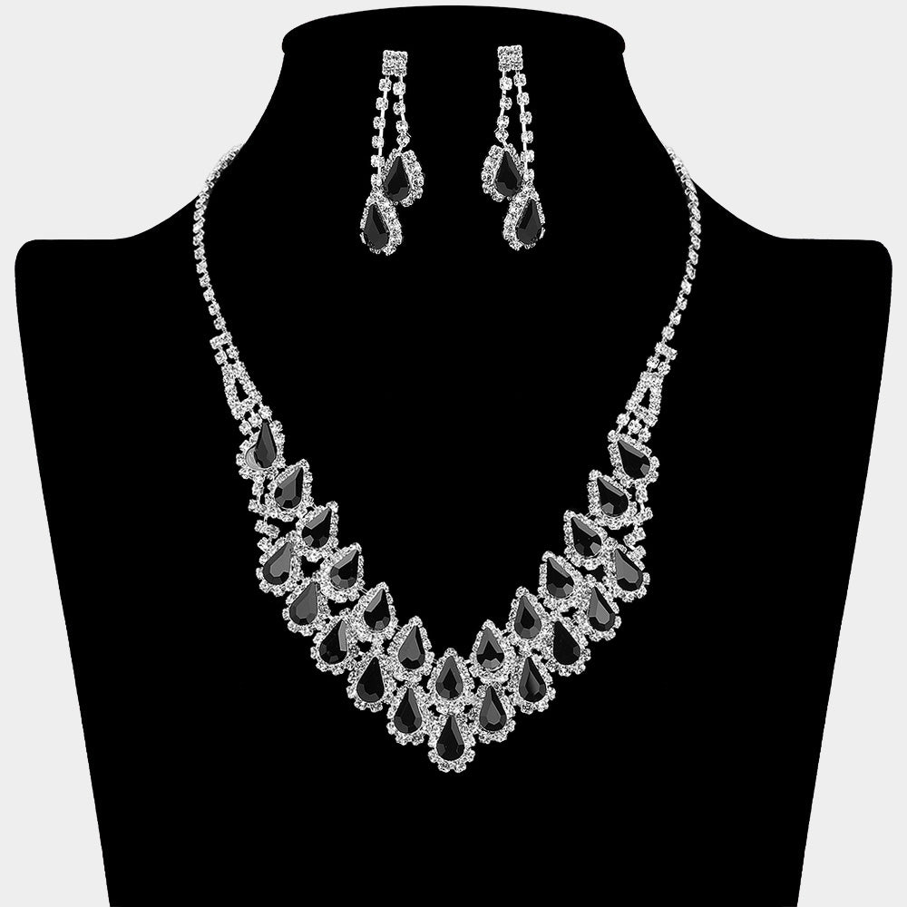Black Crystal Rhinestone Double Row Necklace Set on a black mannequin bust on a white background