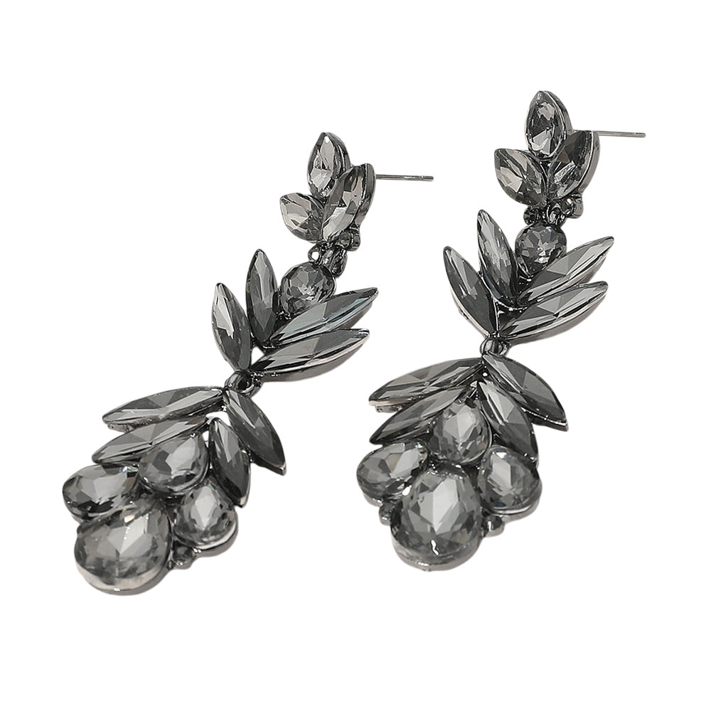 Black Diamond Crystal Earrings with Petal Shaped Features gold backed on a white background
