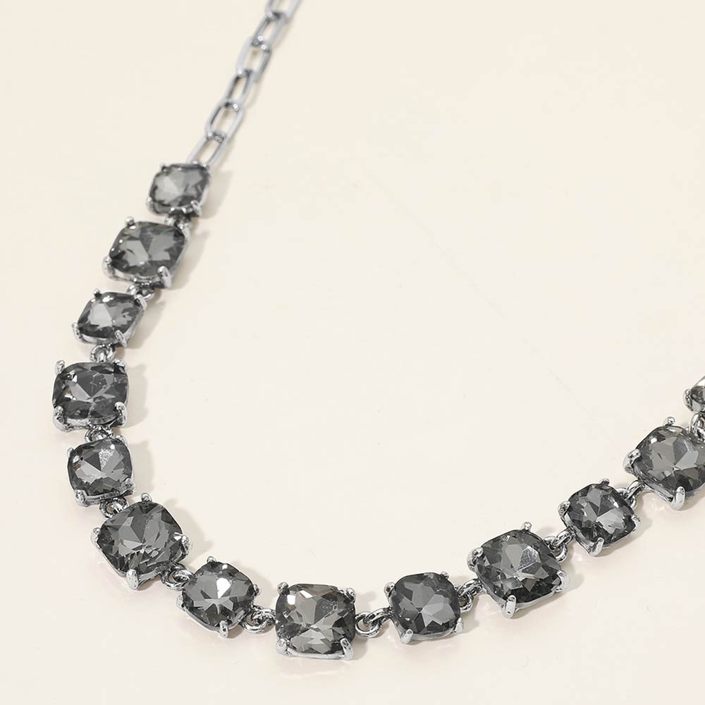 Black Diamond Cushion Square Stone Link Pageant Necklace on Antique Silver | Prom Necklace |  688751