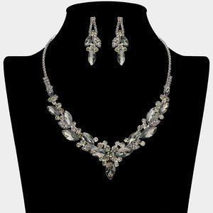 Black diamond gray marquise crystal cluster statement necklace set with matching earrings on silver, shown on a black mannequin bust on a white background