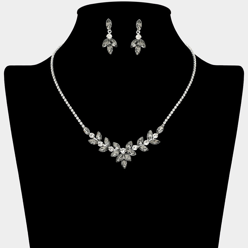 Black diamond (grey) marquise leaf necklace set on silver with matching earrings for prom and evening wear on a black mannequin bust on a white background.
