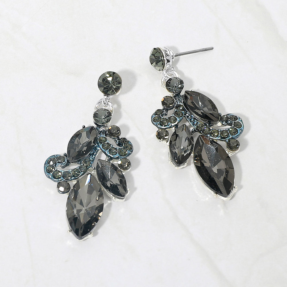 Grey marquise stone cluster prom, beauty walk and formal drop earrings on silver on white background