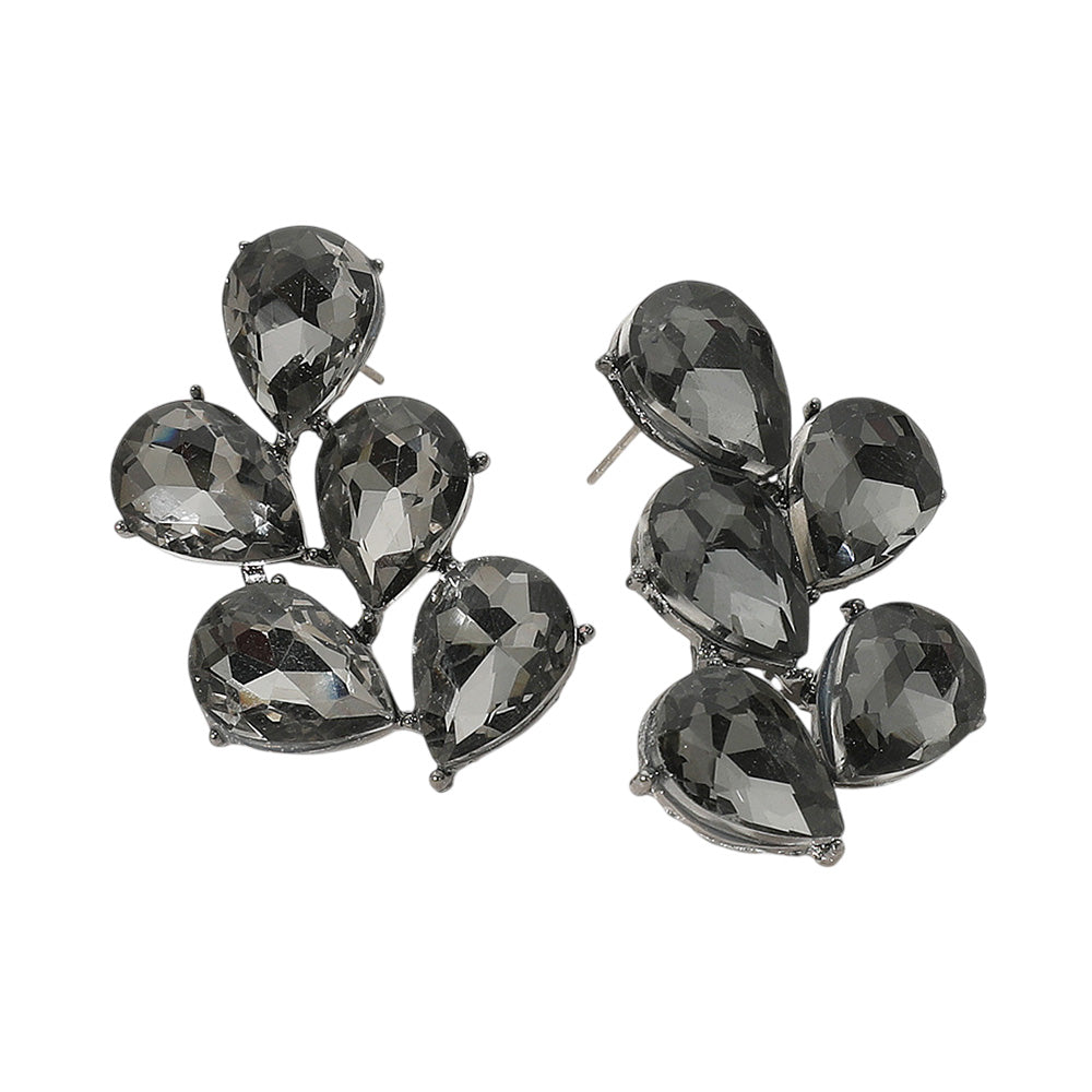 Black Diamond Teardrop Stone Cluster Earrings backed in black on a white background