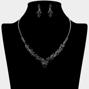 Black marquise teardrop rhinestone cluster necklace set with matching earrings, all silver backed for prom and formal wear on a black mannequin bust. 