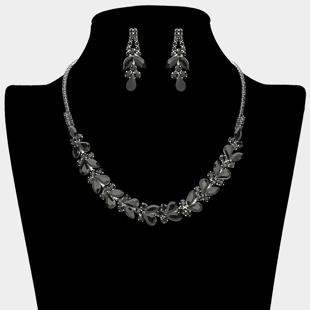 Black marquise and teardrop rhinestone prom and evening necklace set on silver displayed on black mannequin necklace bust